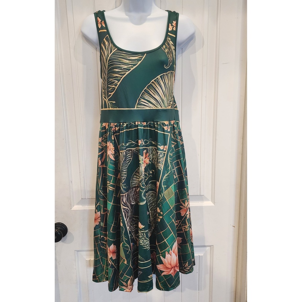 Women's Medium Green Zebra Tropical Floral Novelty Print Midi Dress Weirdcore